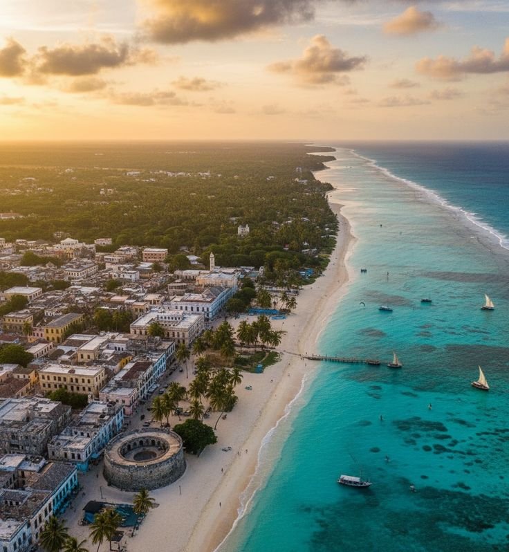 Zanzibar beach with palm trees and turquoise Indian Ocean water