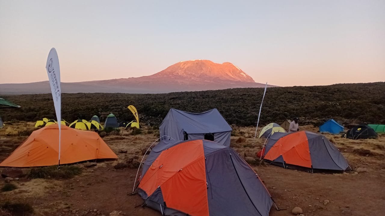 Kilimanjaro mountain tents at sunrise after a high altitude trekking day