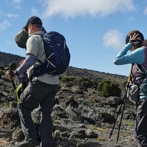 Kilimanjaro machame route climbers crossing rocky alpine desert