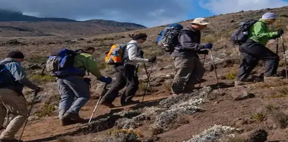 Kilimanjaro umbwe route climbers ascending steep rocky mountain trail tanzania