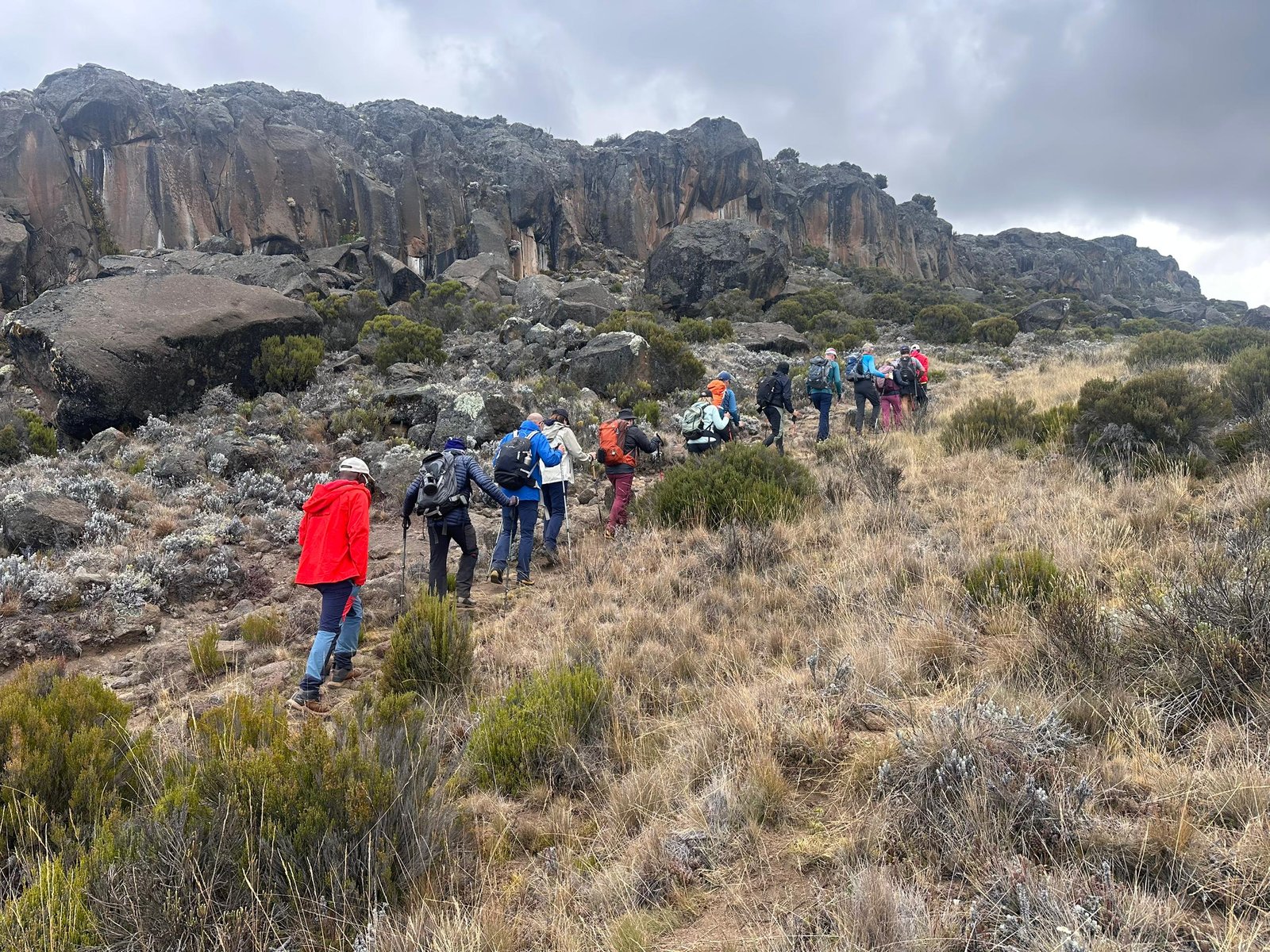 Kilimanjaro hikers crossing a rocky Barranco-style trail