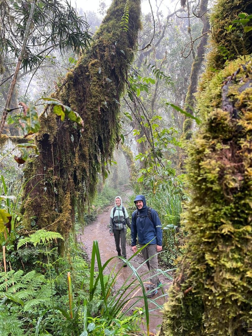 Kilimanjaro guide and climbers crossing open alpine desert terrain
