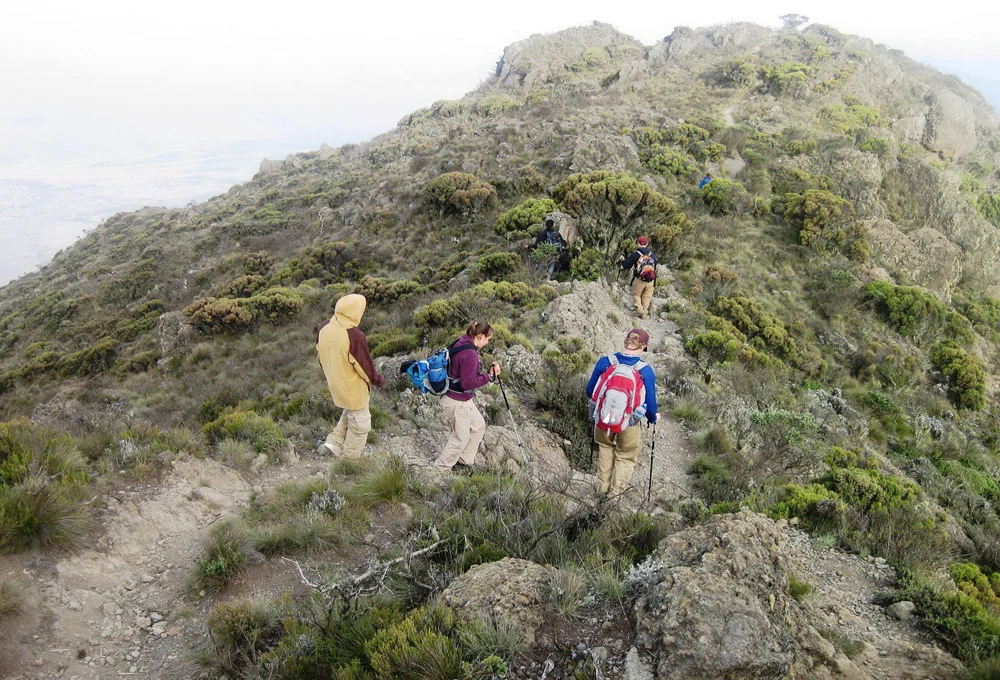 Mount Meru Hikers Crossing Rugged Rocky Ridge On Momella Route Tanzania 1