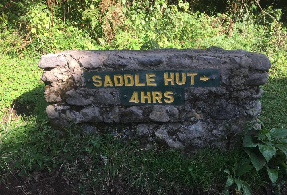 Mount Meru Saddle Hut direction sign on the guided climbing route
