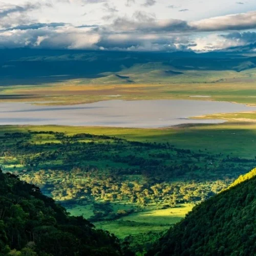 Panoramic Ngorongoro landscape during a northern Tanzania safari