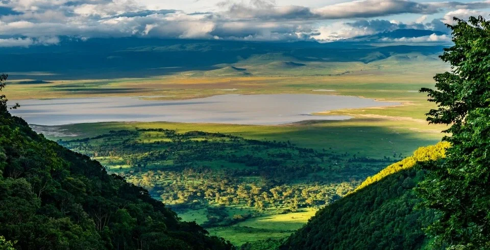 Panoramic Ngorongoro landscape during a northern Tanzania safari