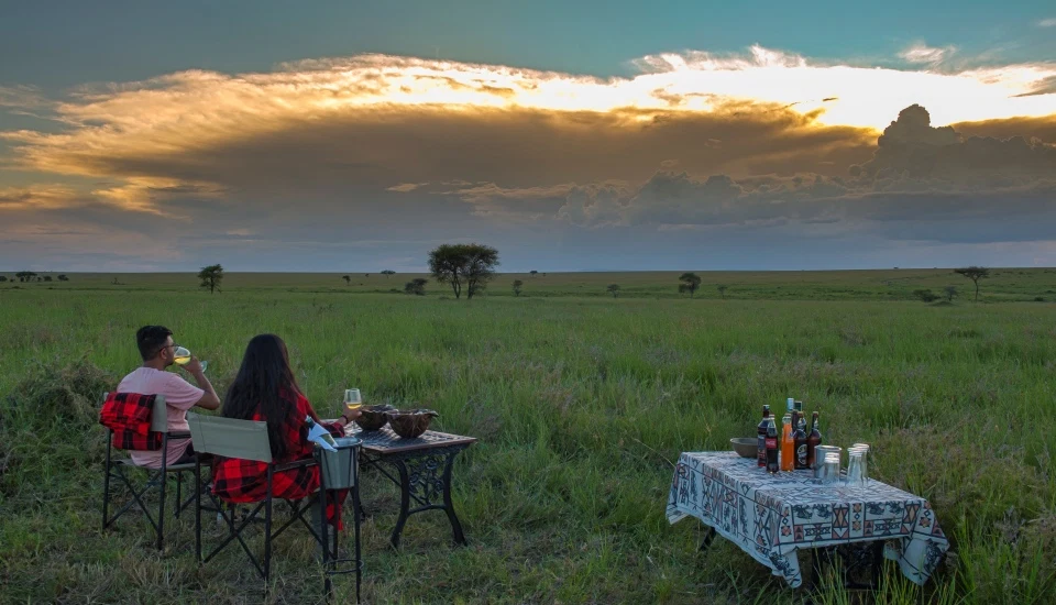 Romantic sundowner bush dinner on open tanzania savannah safari