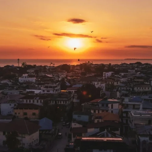 Sunset view across the historic Stone Town skyline in Zanzibar