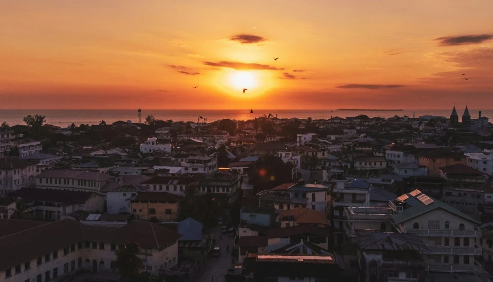 Sunset view across the historic Stone Town skyline in Zanzibar