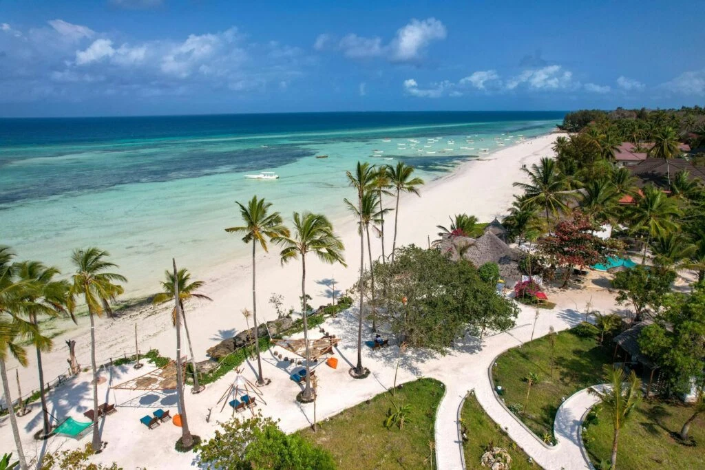 Zanzibar Tropical White Sand Beach Resort And Indian Ocean Aerial View