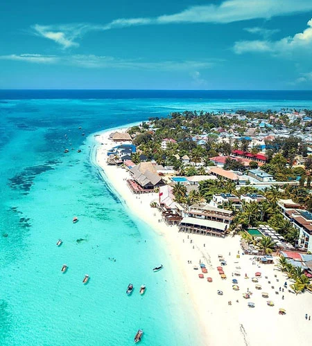 Zanzibar White Sand Beach Resort And Turquoise Indian Ocean Aerial View